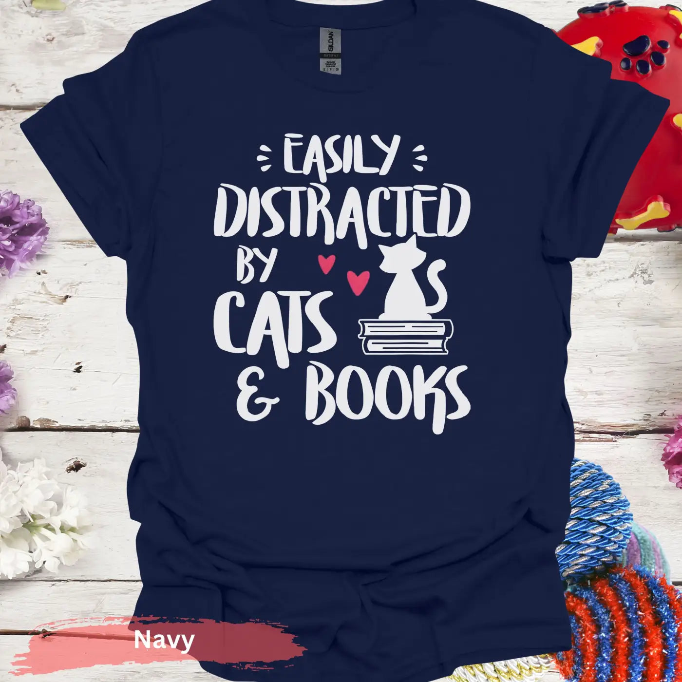 Easily Distracted by Cats and Books T-Shirt - S / Navy - Physical Item