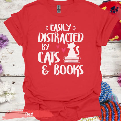 Easily Distracted by Cats and Books T-Shirt - S / Red - Physical Item