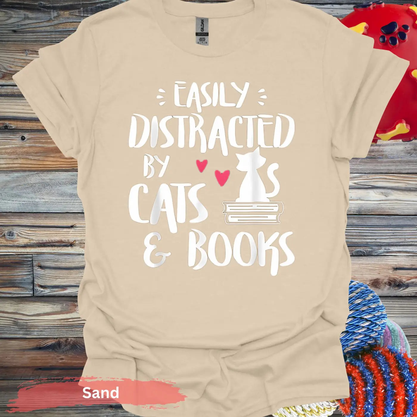 Easily Distracted by Cats and Books T-Shirt - S / Sand - Physical Item