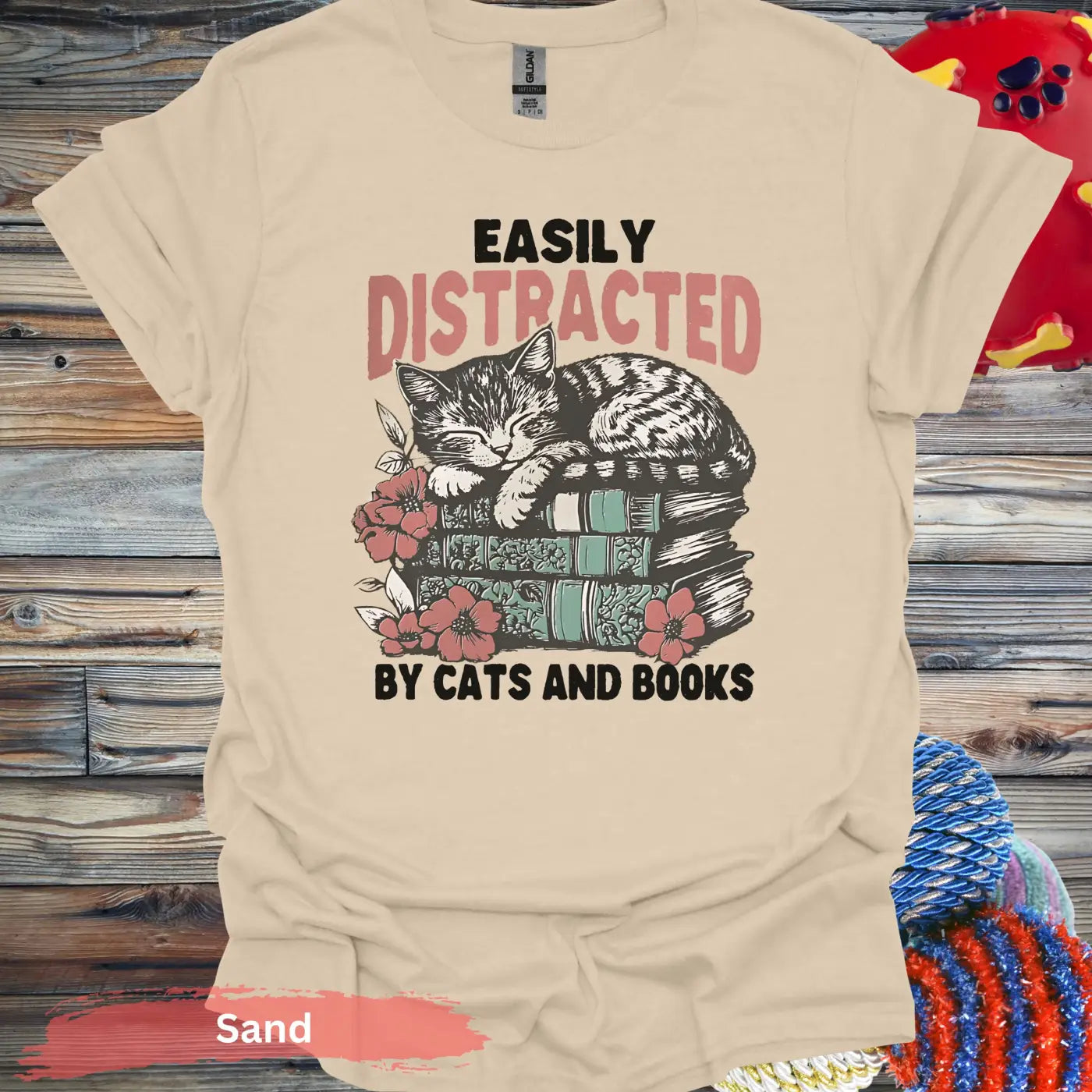 Easily Distracted By Cats and Books T-Shirt - S / Sand - Physical Item