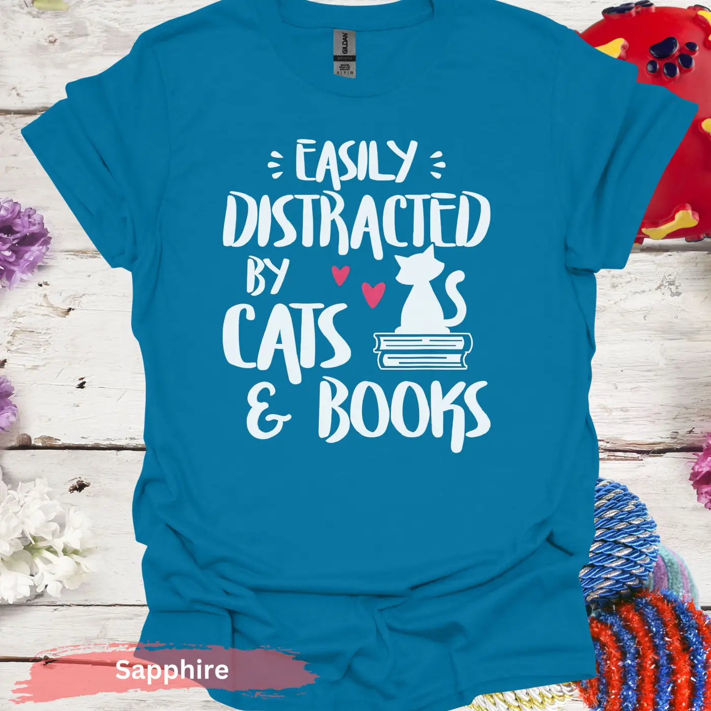 Easily Distracted by Cats and Books T-Shirt - S / Sapphire - Physical Item