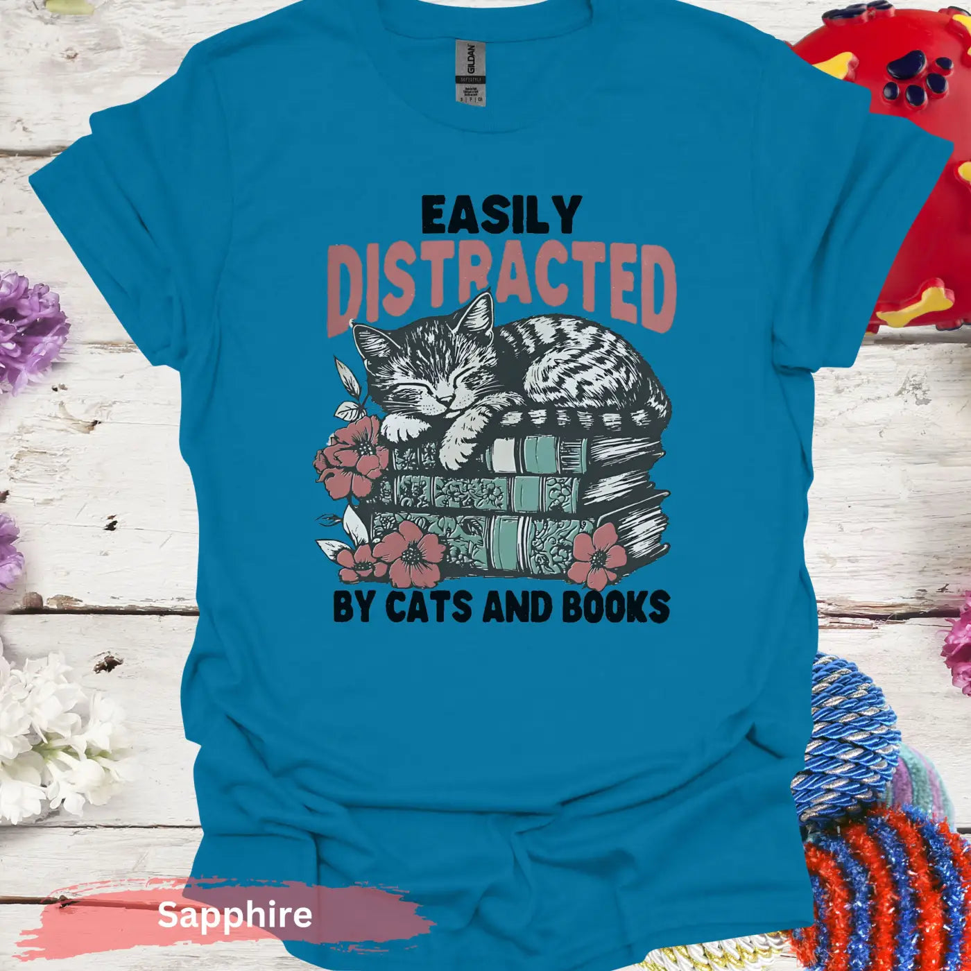 Easily Distracted By Cats and Books T-Shirt - S / Sapphire - Physical Item