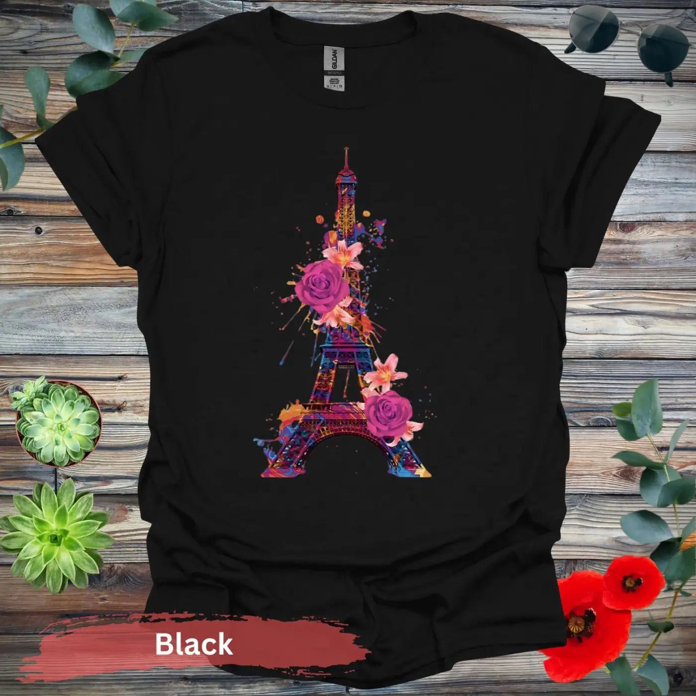 Eiffel Tower with Colorful Floral Art T-Shirt - S / Black - Physical Item