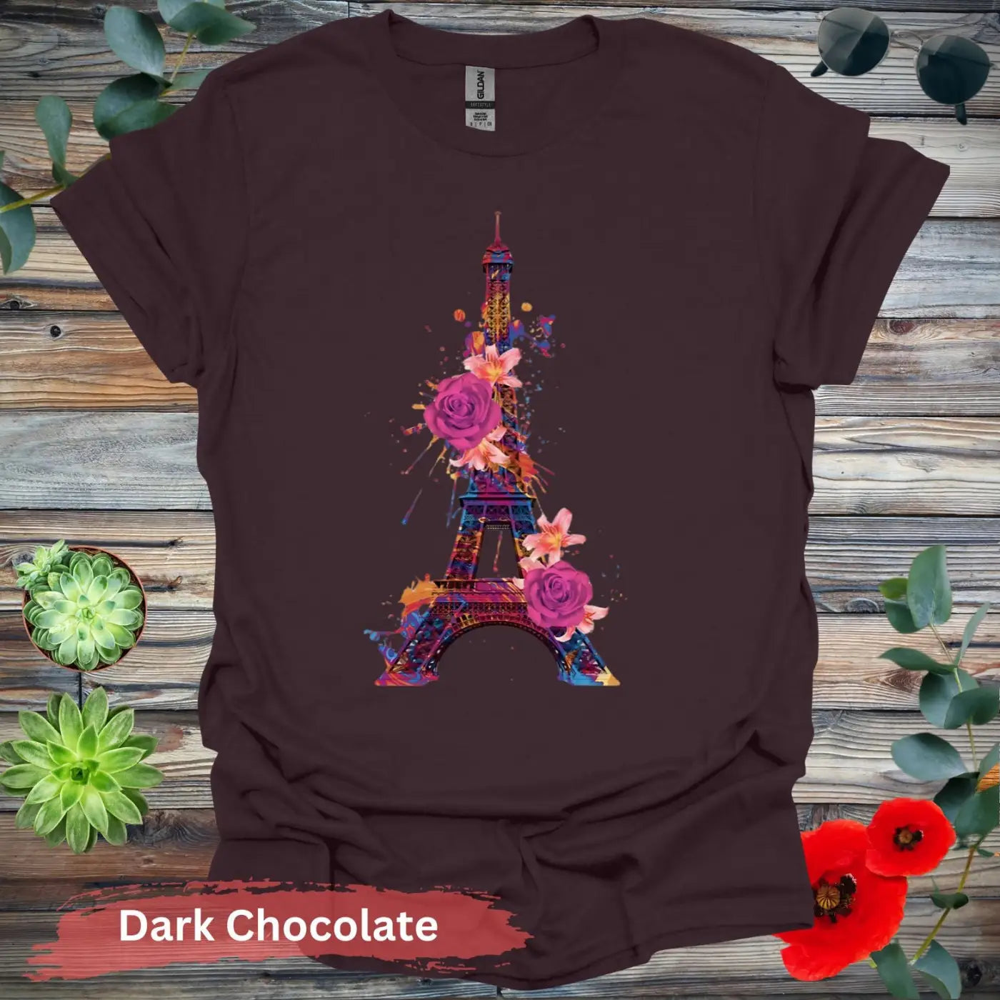 Eiffel Tower with Colorful Floral Art T-Shirt - S / Dark Chocolate - Physical Item