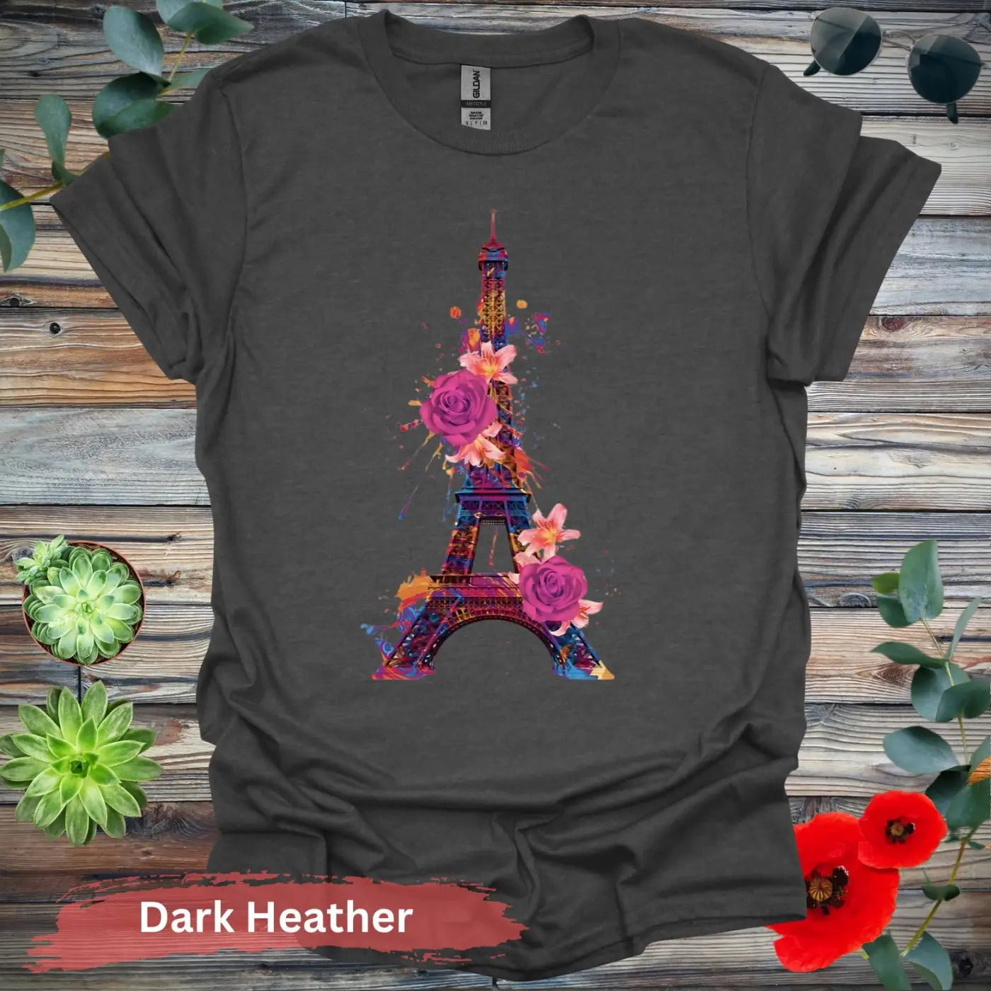 Eiffel Tower with Colorful Floral Art T-Shirt - S / Dark Heather - Physical Item