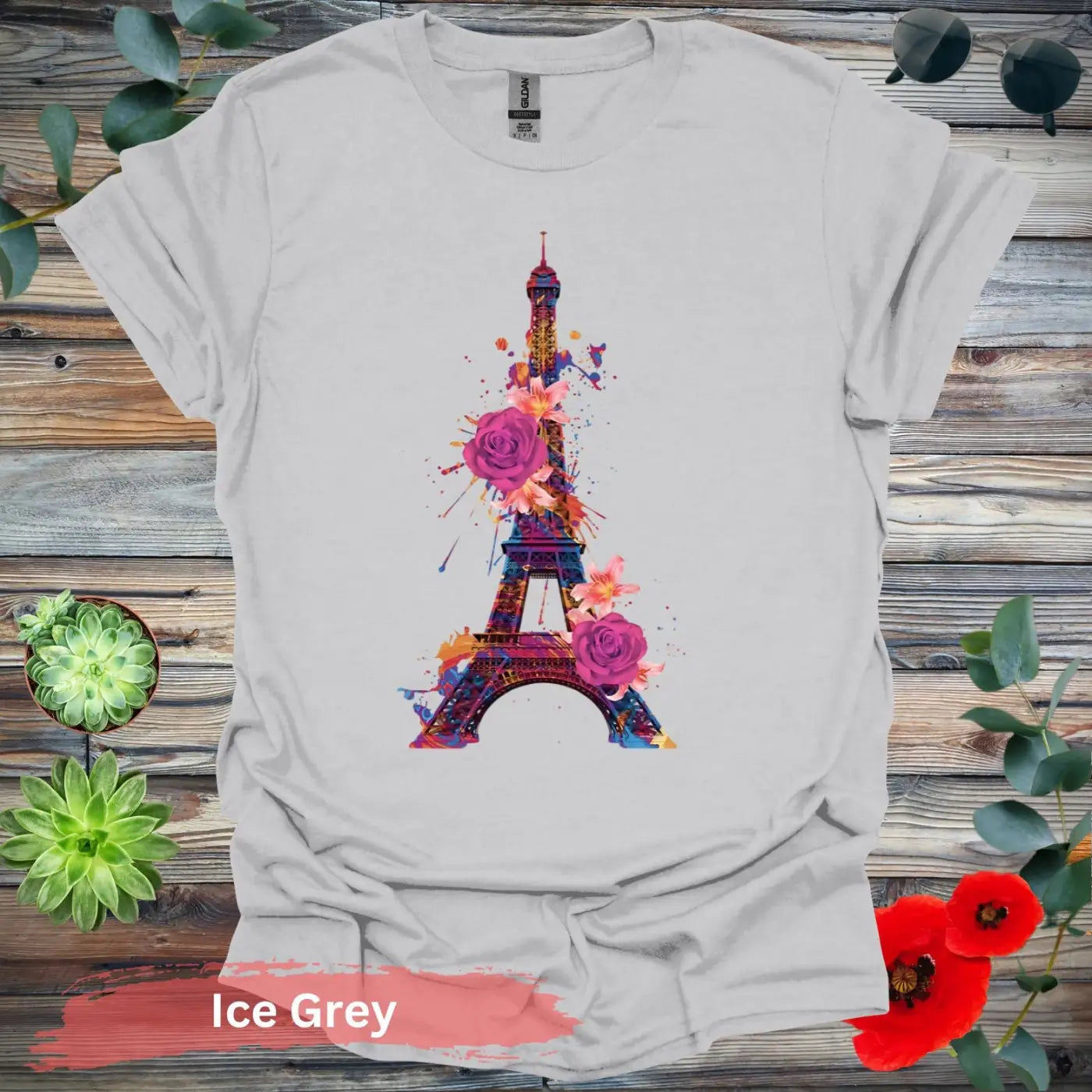 Eiffel Tower with Colorful Floral Art T-Shirt - S / Ice Grey - Physical Item