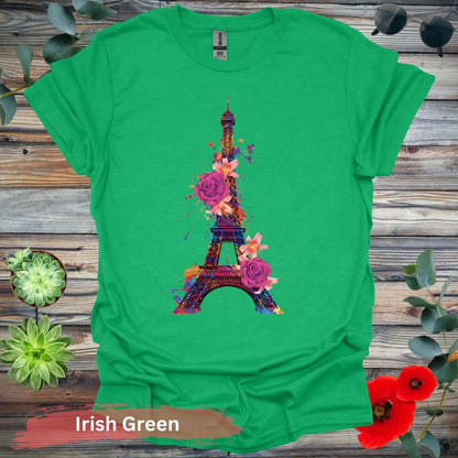 Eiffel Tower with Colorful Floral Art T-Shirt - S / Irish Green - Physical Item