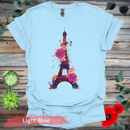 Eiffel Tower with Colorful Floral Art T-Shirt - S / Light Blue - Physical Item