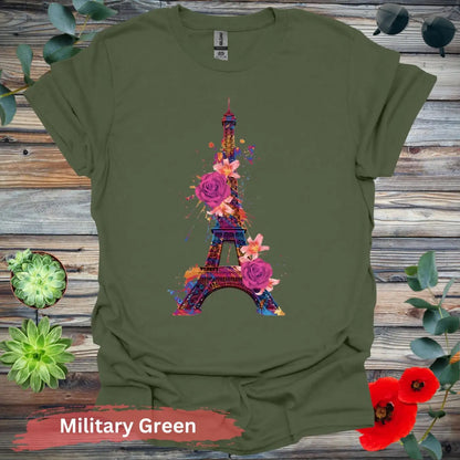 Eiffel Tower with Colorful Floral Art T-Shirt - S / Military Green - Physical Item