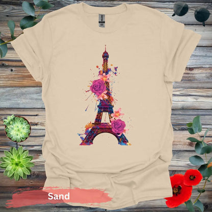 Eiffel Tower with Colorful Floral Art T-Shirt - S / Sand - Physical Item