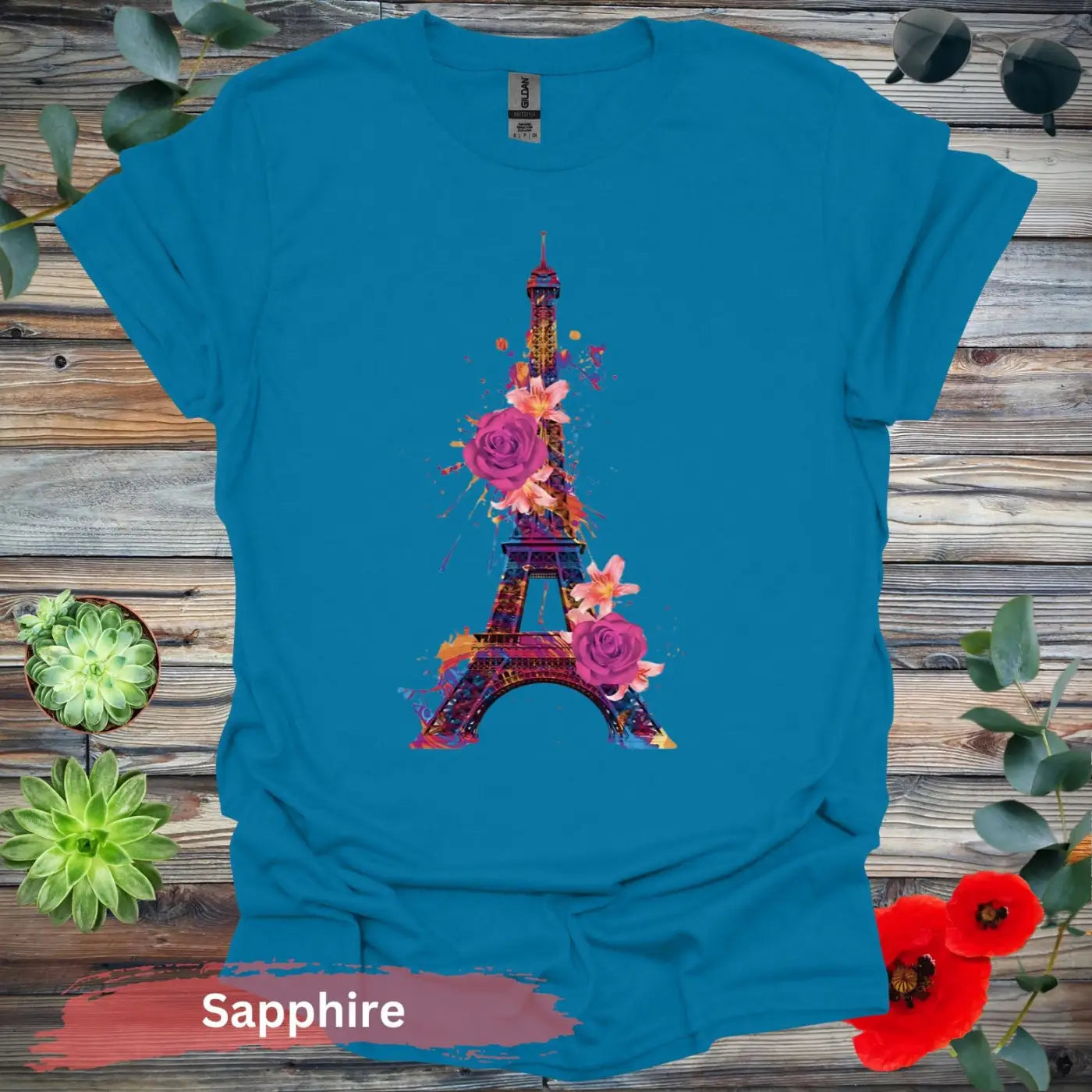 Eiffel Tower with Colorful Floral Art T-Shirt - S / Sapphire - Physical Item