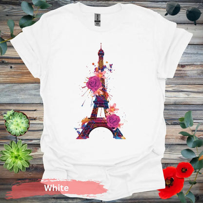 Eiffel Tower with Colorful Floral Art T-Shirt - S / White - Physical Item