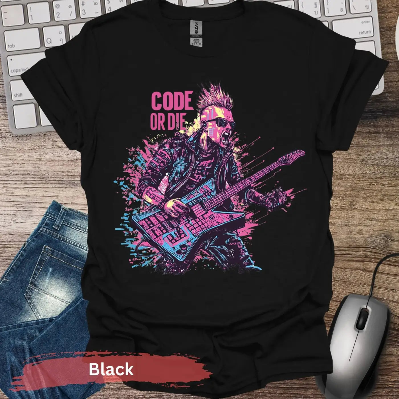 Electric Cyberpunk Rocker Code or Die T-shirt - S / Black - Physical Item