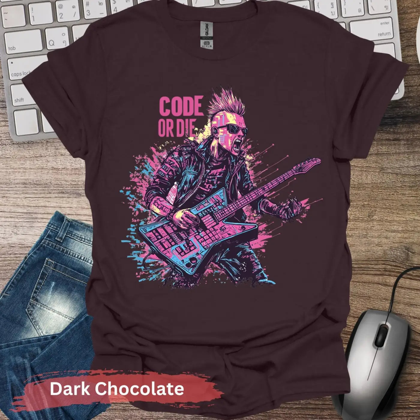 Electric Cyberpunk Rocker Code or Die T-shirt - S / Dark Chocolate - Physical Item