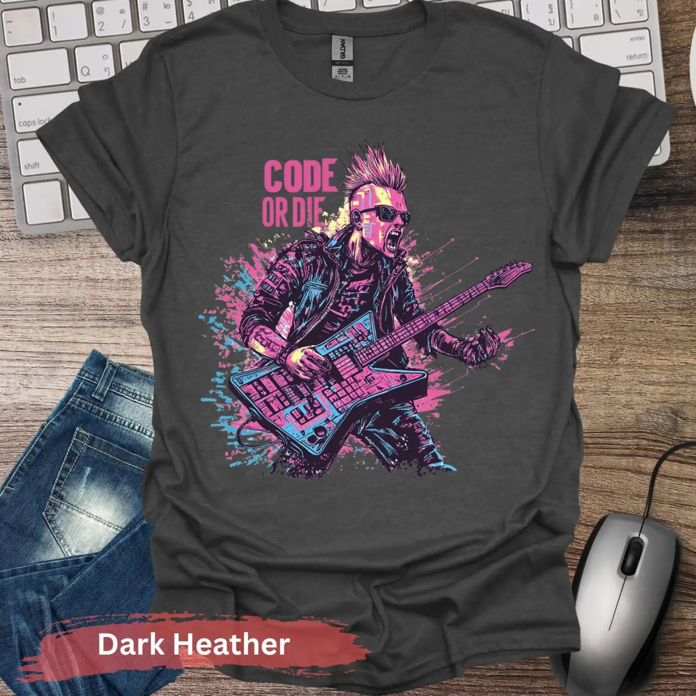 Electric Cyberpunk Rocker Code or Die T-shirt - S / Dark Heather - Physical Item