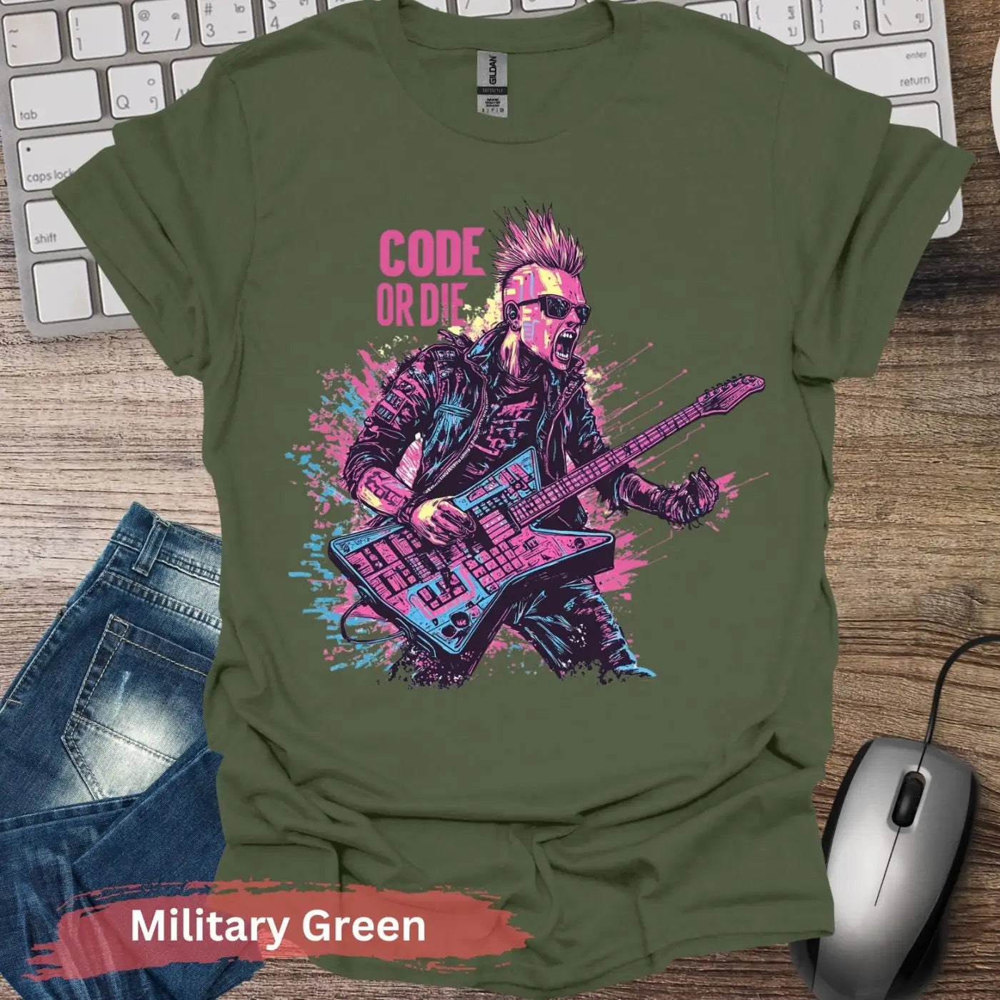 Electric Cyberpunk Rocker Code or Die T-shirt - S / Military Green - Physical Item