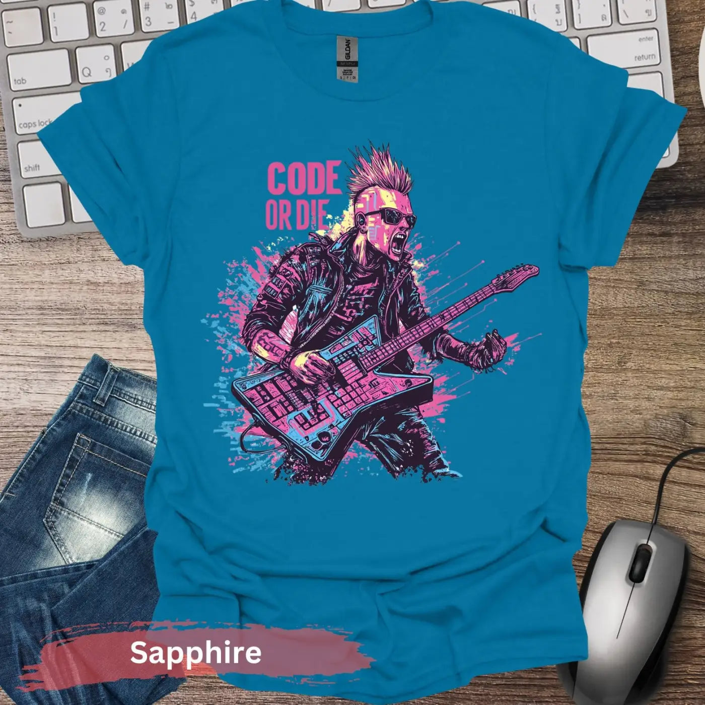 Electric Cyberpunk Rocker Code or Die T-shirt - S / Sapphire - Physical Item