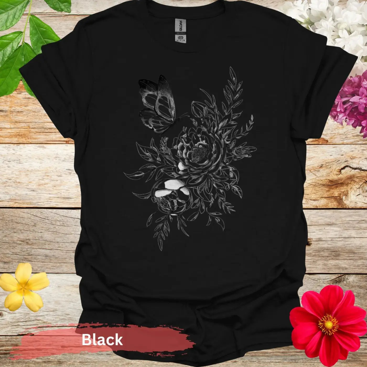 Butterfly and Floral T-shirt - S / Black - Physical Item