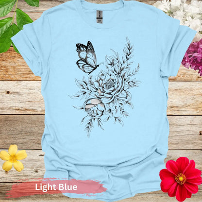 Butterfly and Floral T-shirt - S / Light Blue - Physical Item