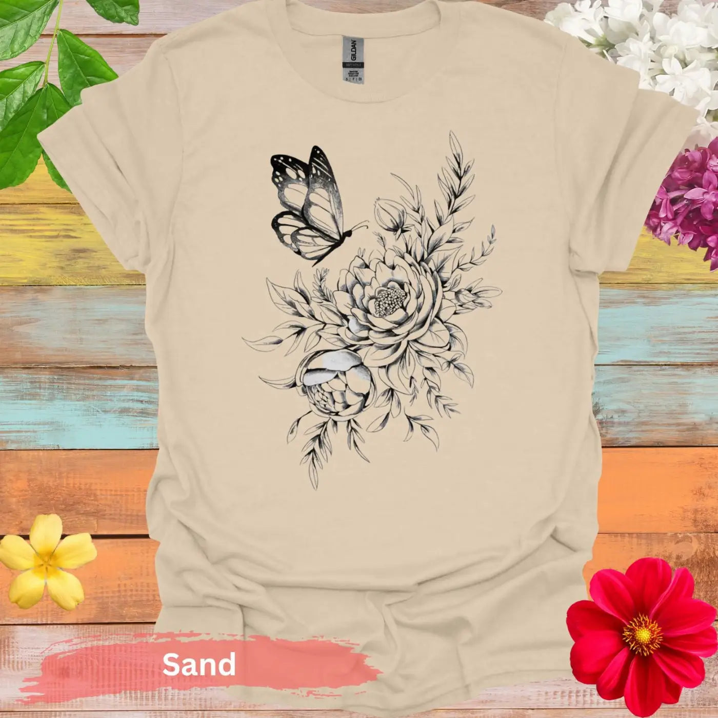 Butterfly and Floral T-shirt - S / Sand - Physical Item