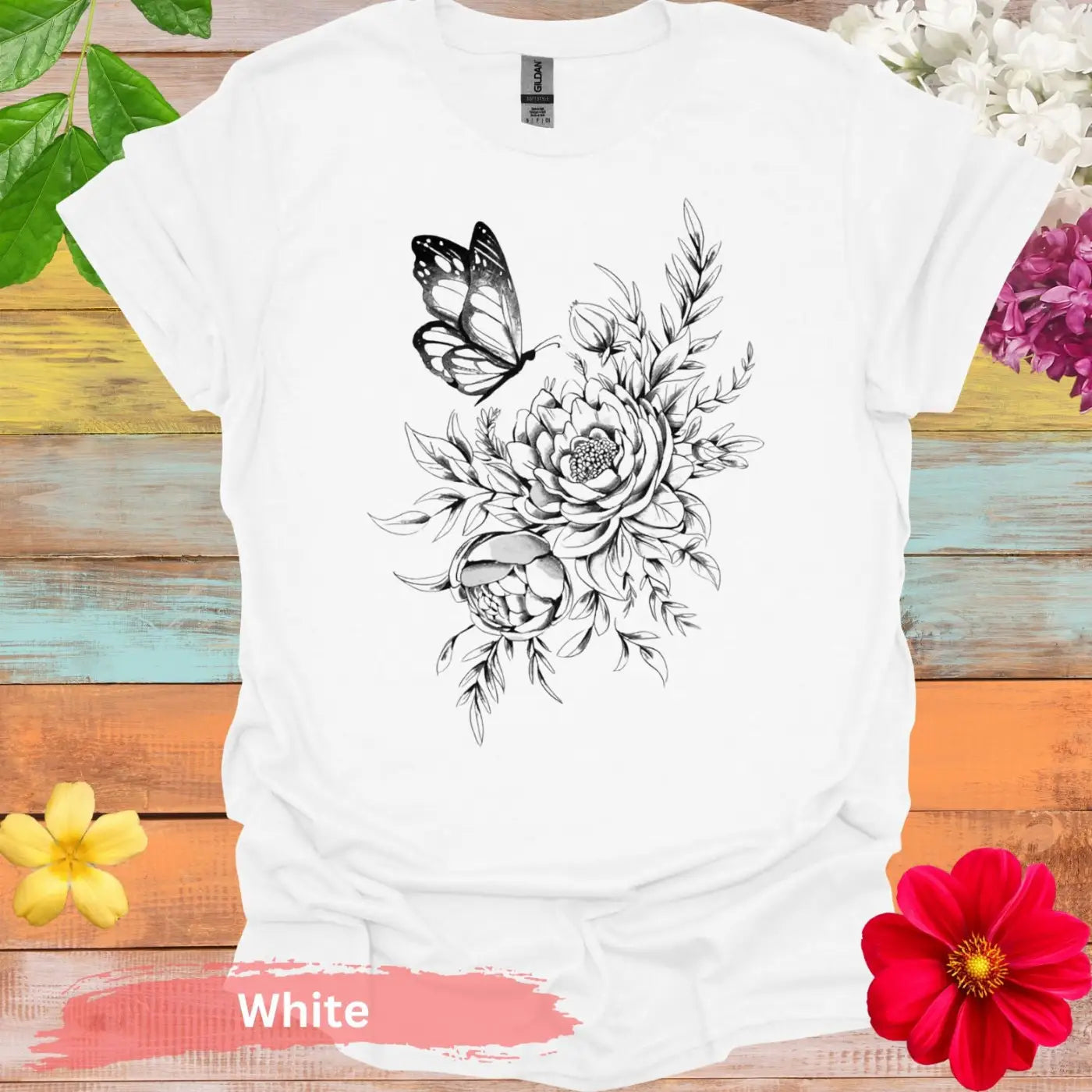 Butterfly and Floral T-shirt - S / White - Physical Item