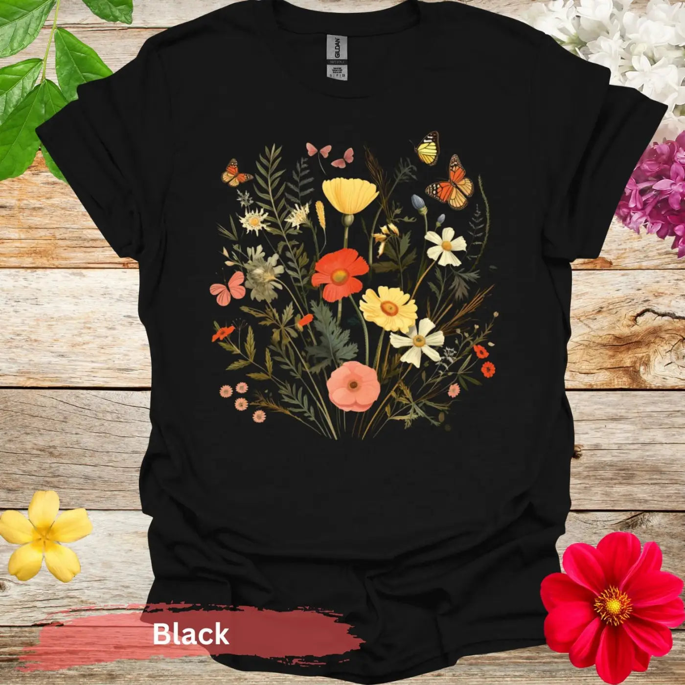 Floral and Butterfly T-Shirt - S / Black - Physical Item