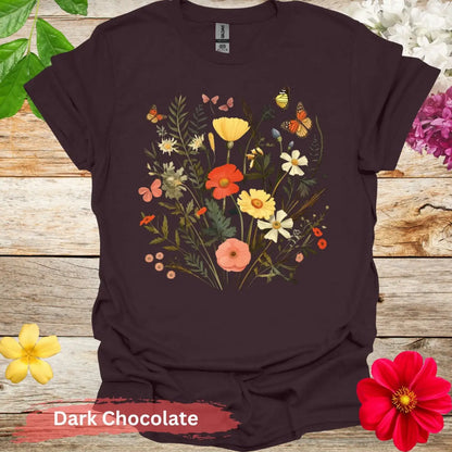 Floral and Butterfly T-Shirt - S / Dark Chocolate - Physical Item