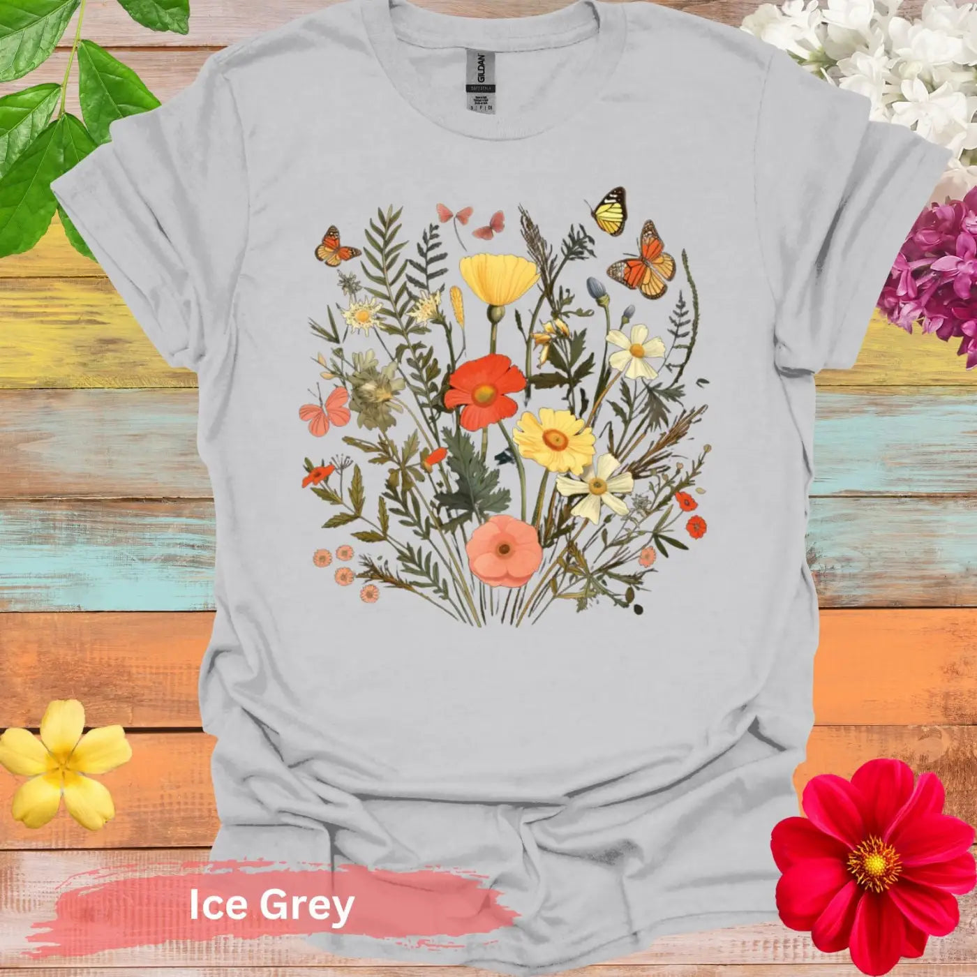 Floral and Butterfly T-Shirt - S / Ice Grey - Physical Item