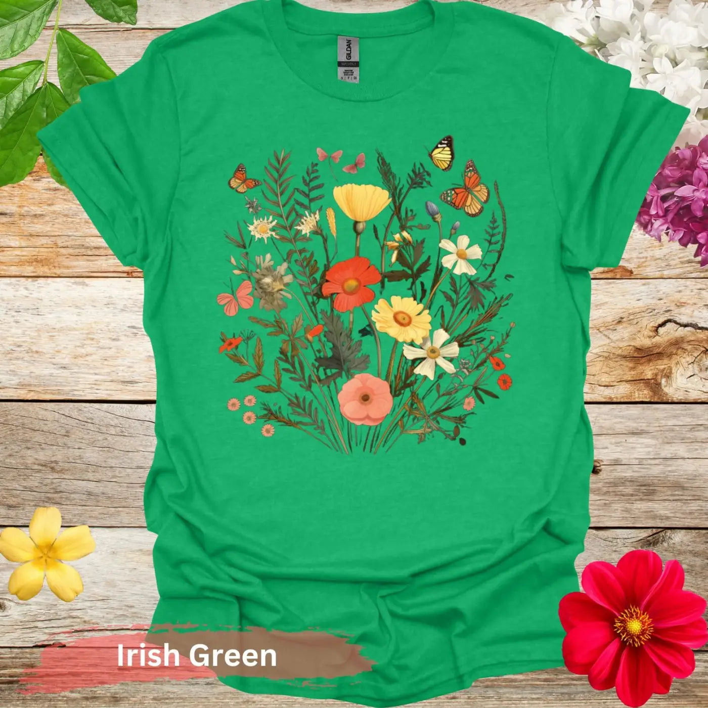 Floral and Butterfly T-Shirt - S / Irish Green - Physical Item