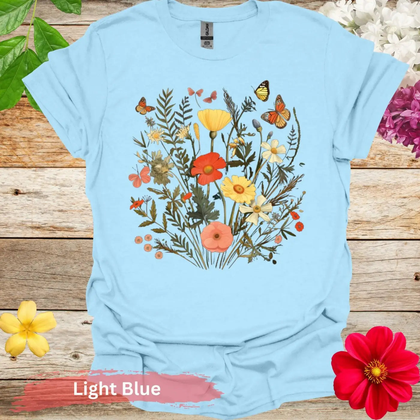 Floral and Butterfly T-Shirt - S / Light Blue - Physical Item