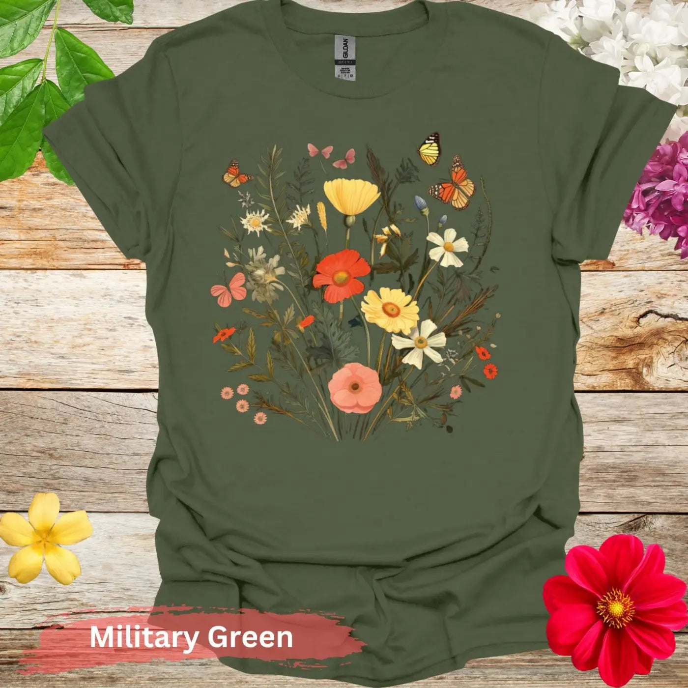 Floral and Butterfly T-Shirt - S / Military Green - Physical Item