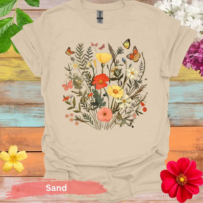 Floral and Butterfly T-Shirt - S / Sand - Physical Item