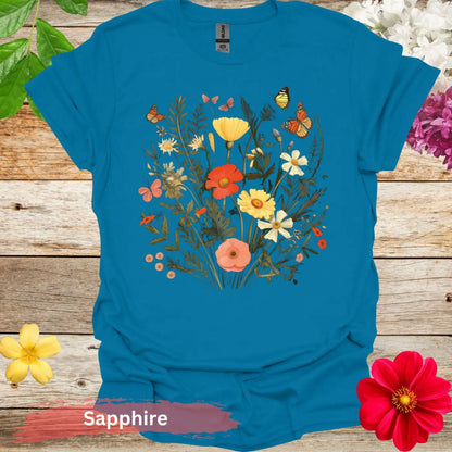 Floral and Butterfly T-Shirt - S / Sapphire - Physical Item