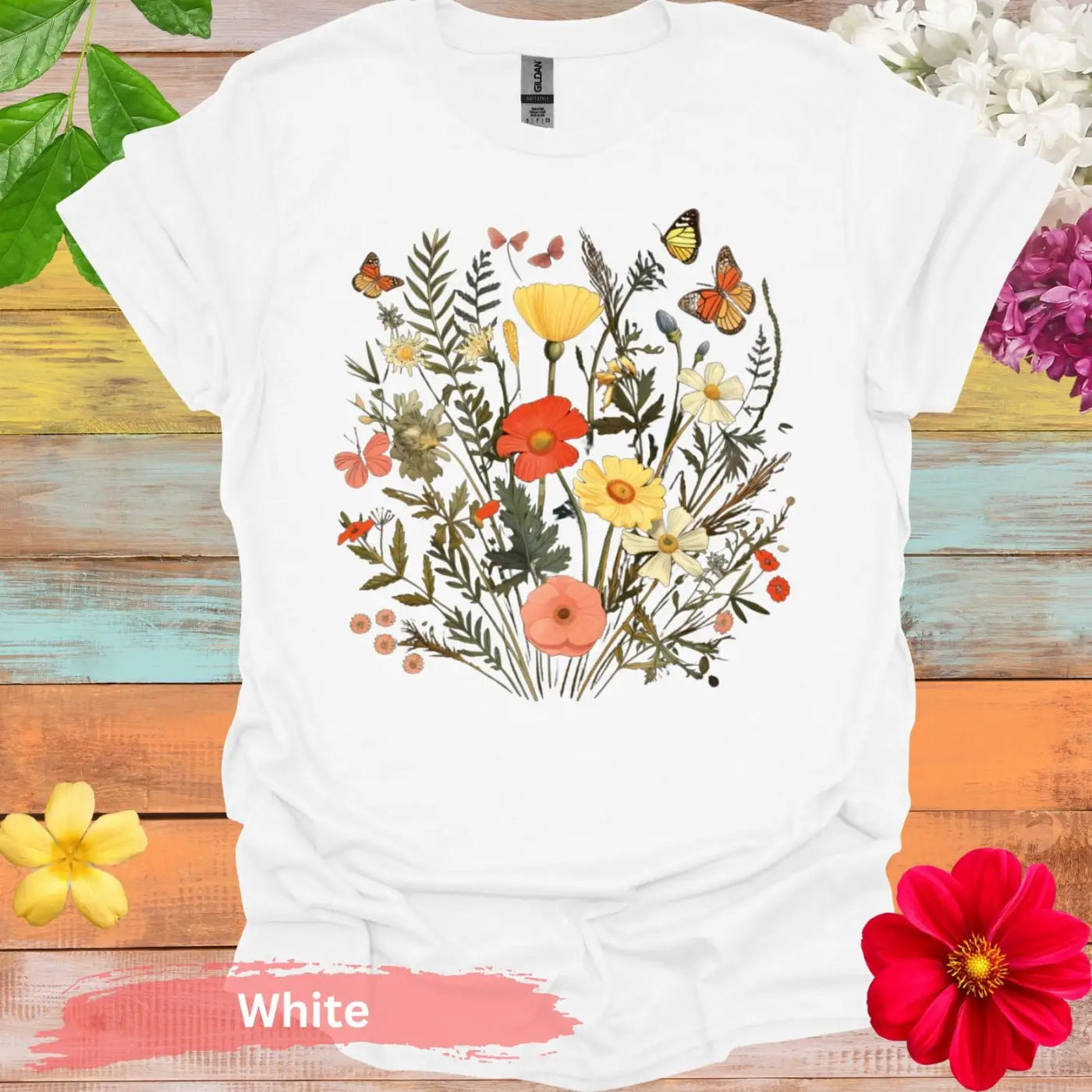 Floral and Butterfly T-Shirt - S / White - Physical Item