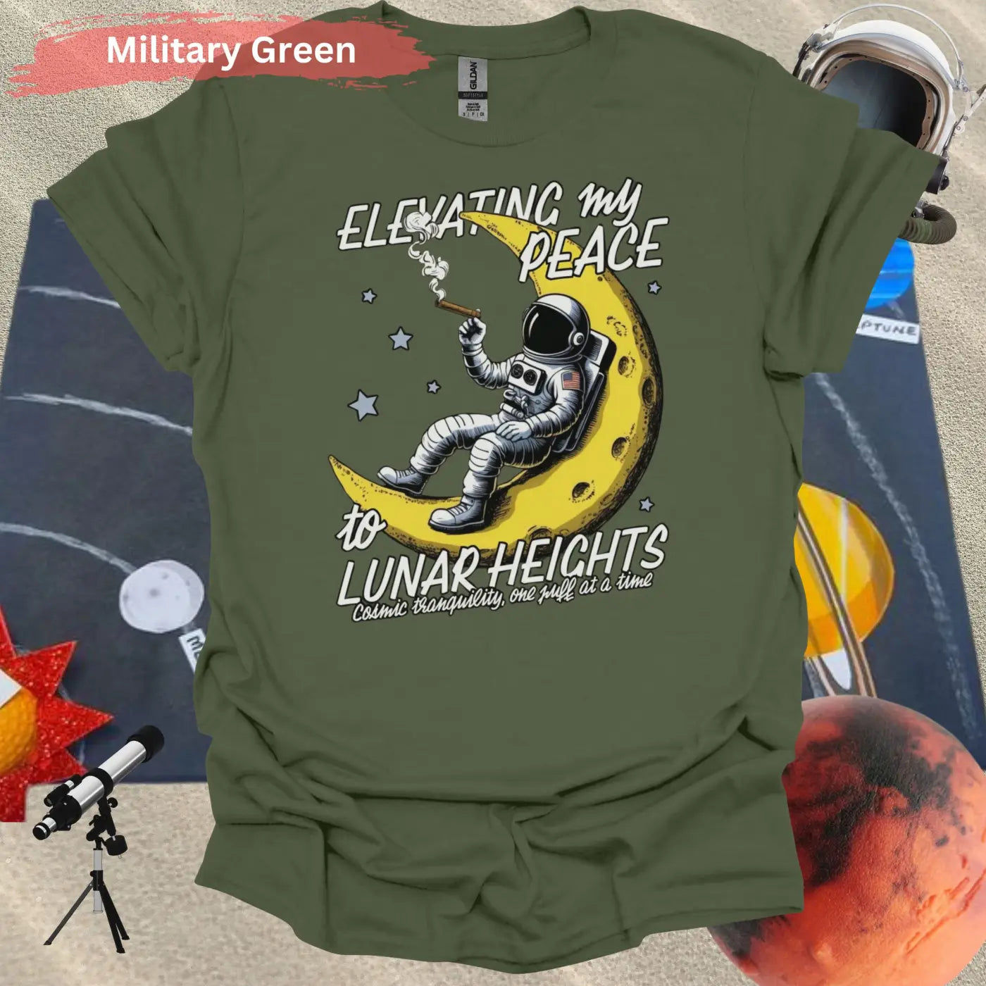 Elevating My Peace Lunar Heights Astronaut T-Shirt - S / Military Green - Physical Item