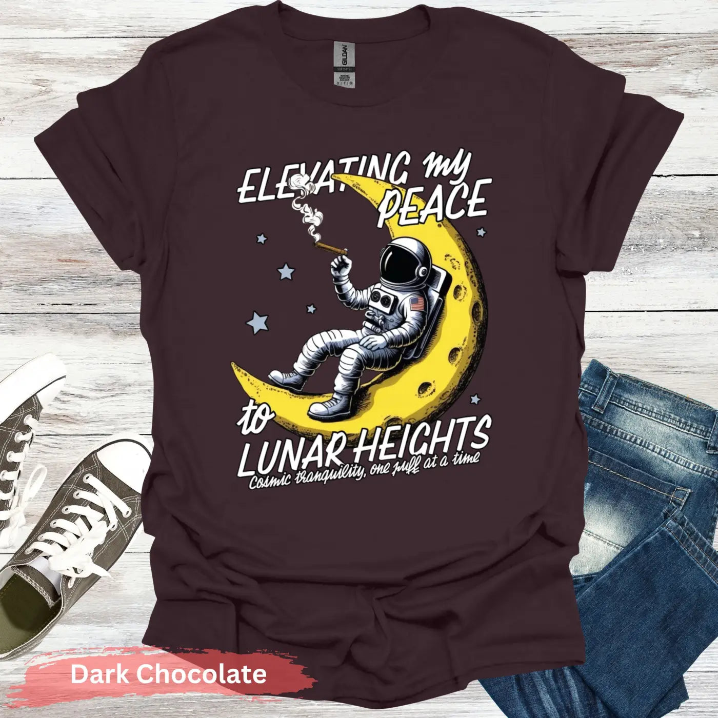 Elevating My Peace to Lunar Heights T-Shirt - S / Dark Chocolate - Physical Item