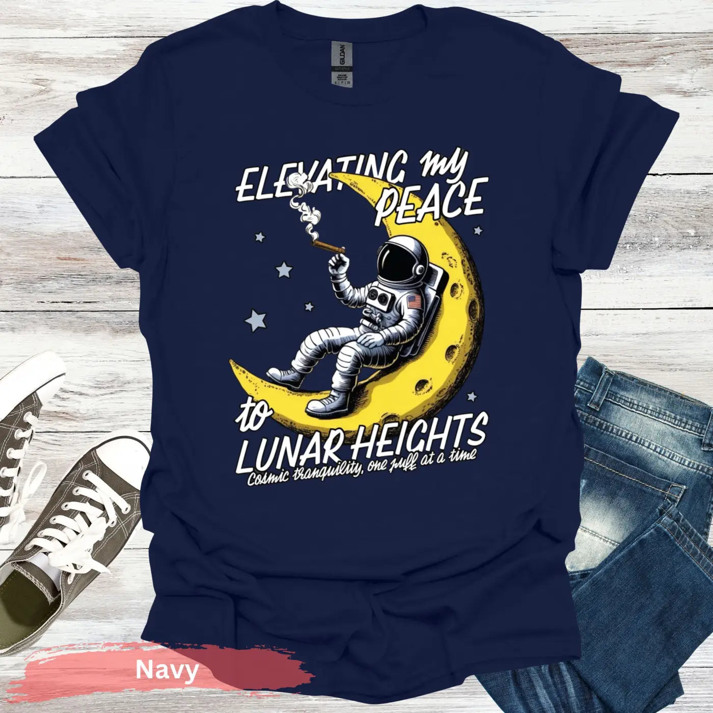 Elevating My Peace to Lunar Heights T-Shirt - S / Navy - Physical Item