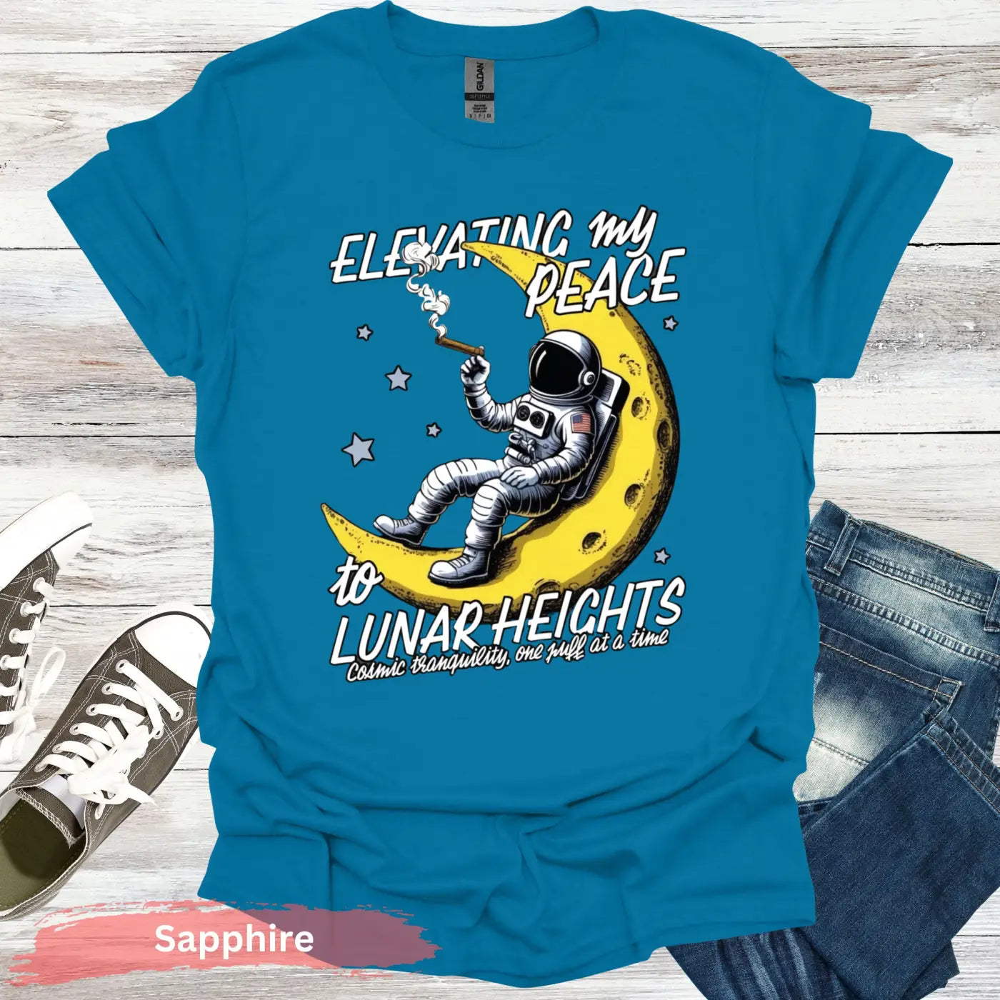 Elevating My Peace to Lunar Heights T-Shirt - S / Sapphire - Physical Item