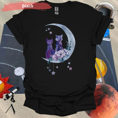 Enchanting Moonlit Cat Duo with Florals T-Shirt - S / Black - Physical Item