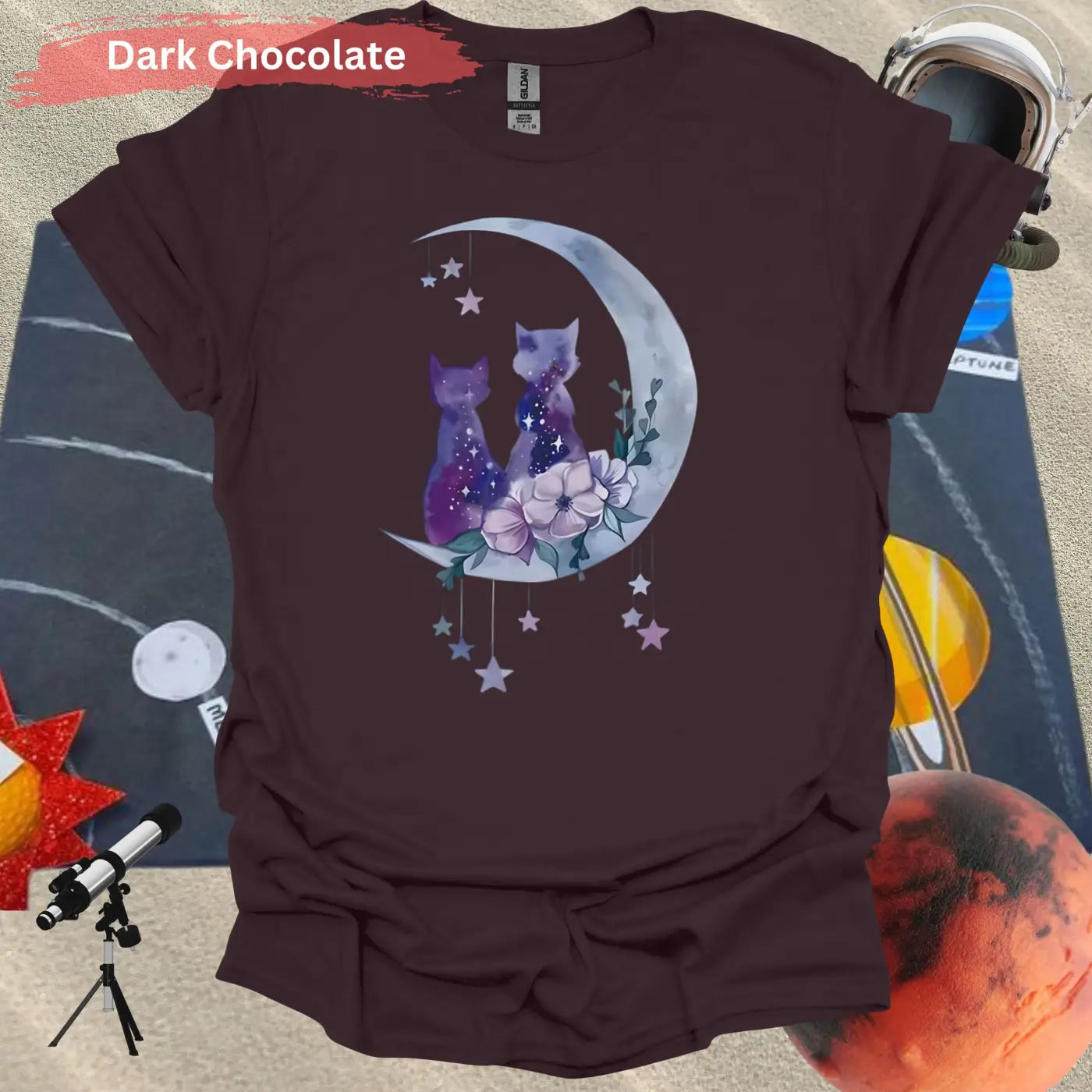 Enchanting Moonlit Cat Duo with Florals T-Shirt - S / Dark Chocolate - Physical Item