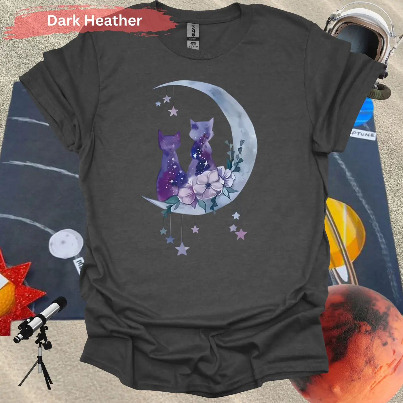 Enchanting Moonlit Cat Duo with Florals T-Shirt - S / Dark Heather - Physical Item