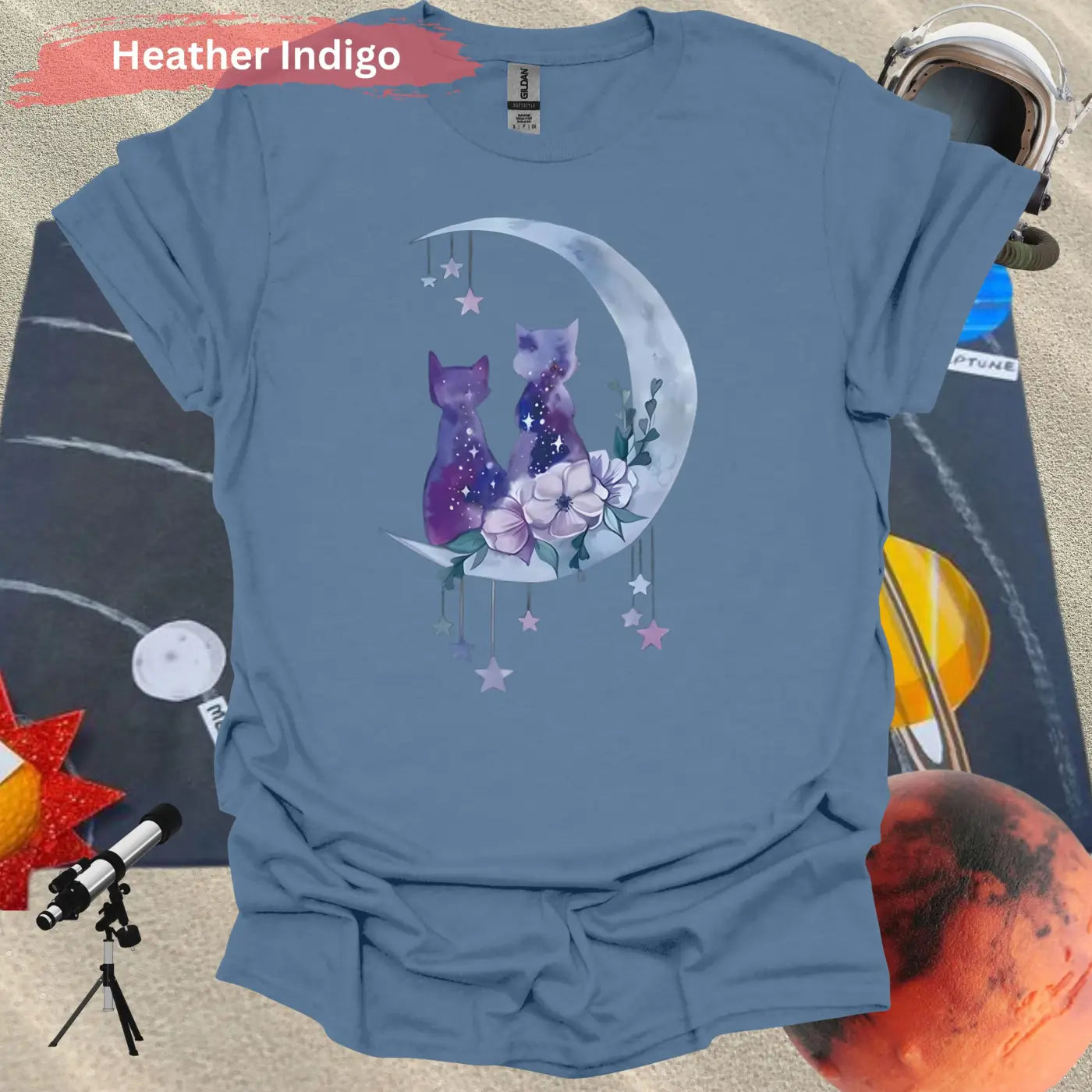 Enchanting Moonlit Cat Duo with Florals T-Shirt - S / Heather Indigo - Physical Item