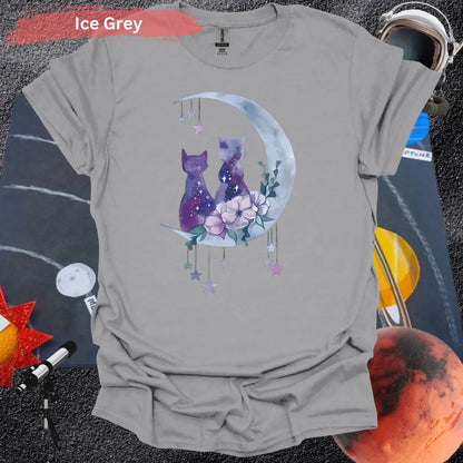 Enchanting Moonlit Cat Duo with Florals T-Shirt - S / Ice Grey - Physical Item