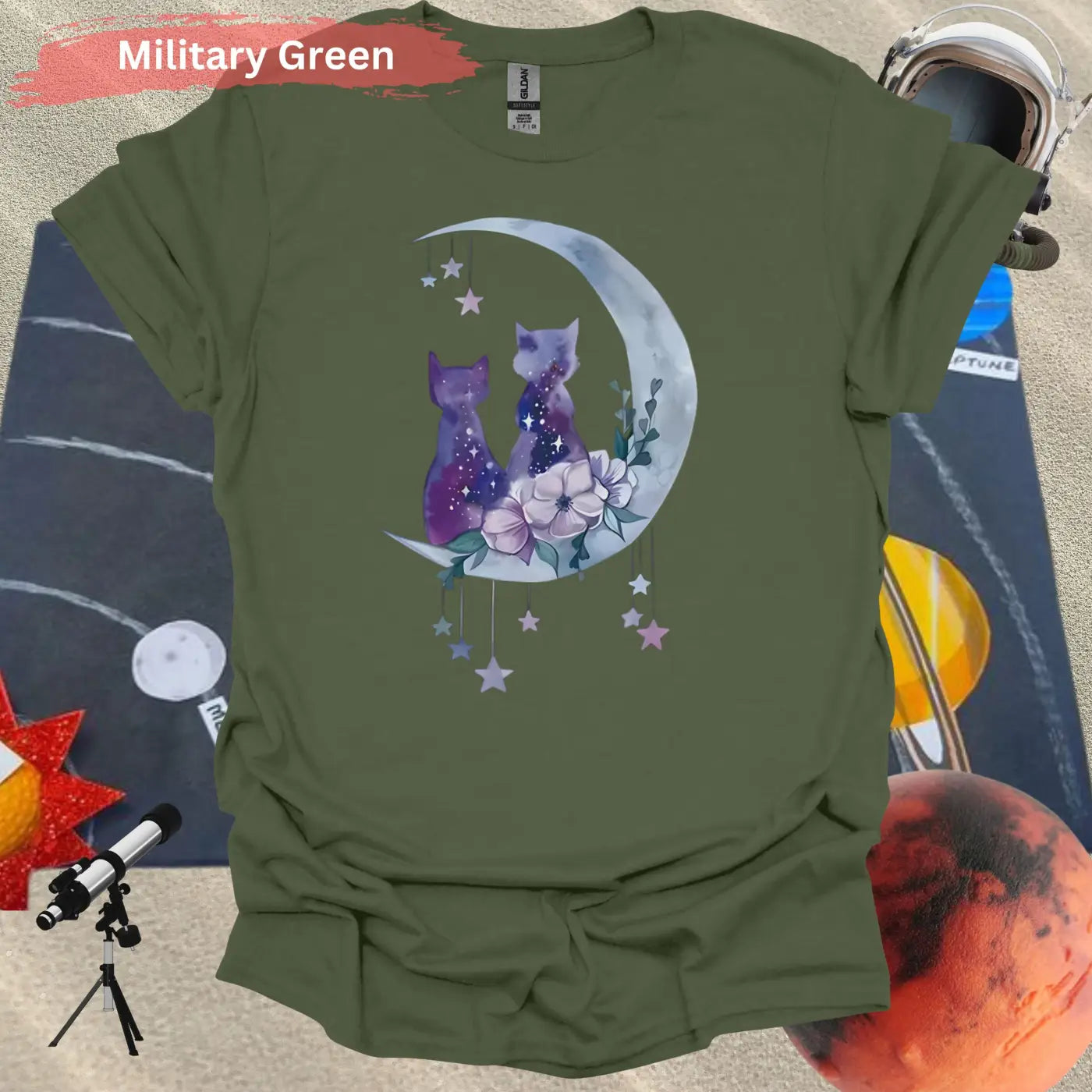 Enchanting Moonlit Cat Duo with Florals T-Shirt - S / Military Green - Physical Item