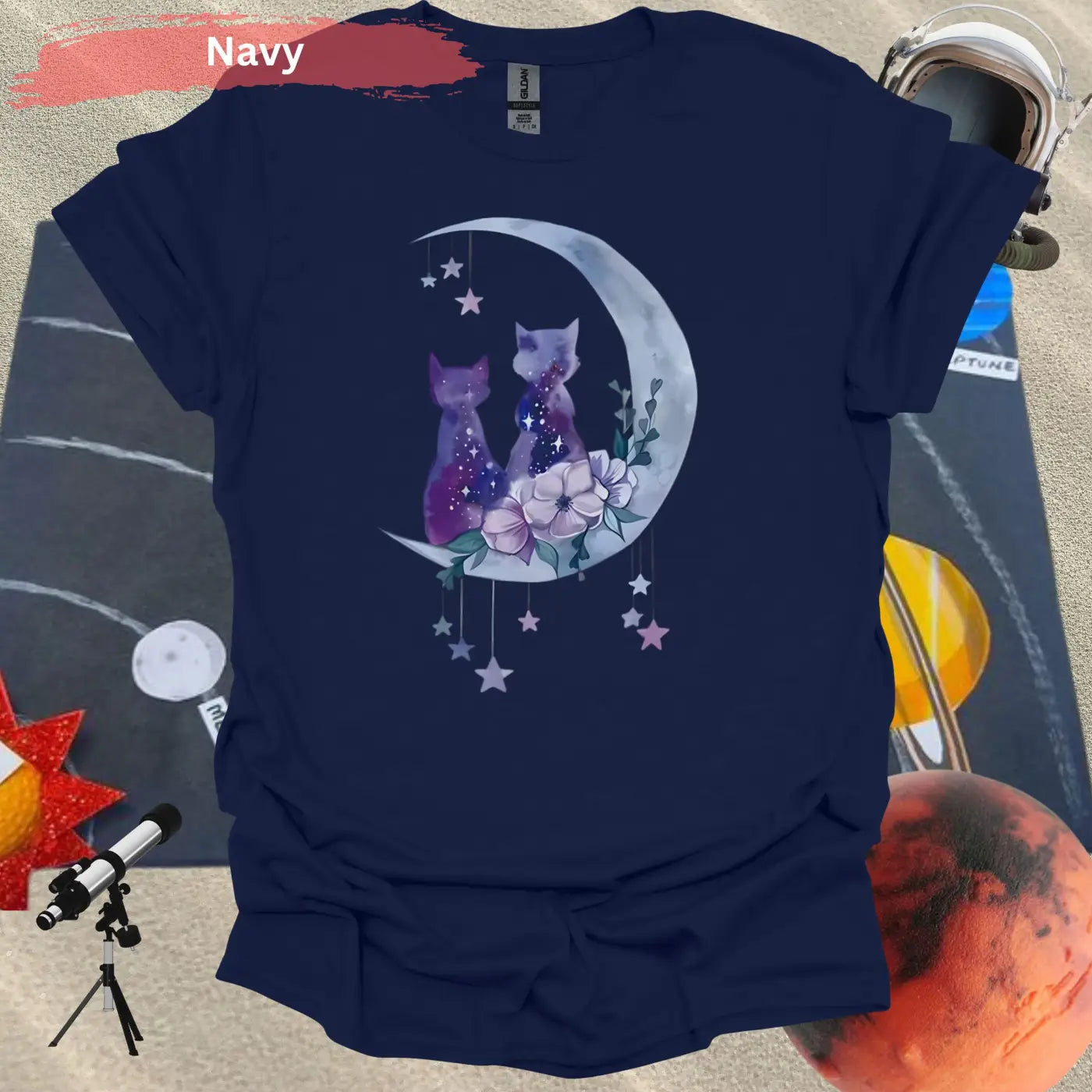 Enchanting Moonlit Cat Duo with Florals T-Shirt - S / Navy - Physical Item