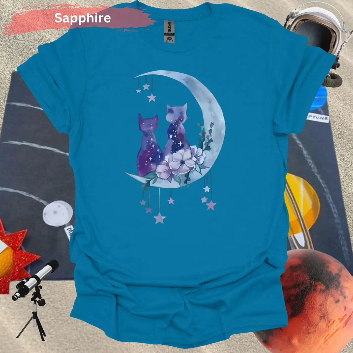 Enchanting Moonlit Cat Duo with Florals T-Shirt - S / Sapphire - Physical Item