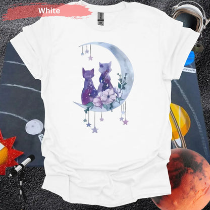 Enchanting Moonlit Cat Duo with Florals T-Shirt - S / White - Physical Item