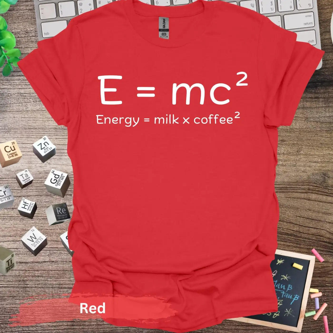 Energy Equals Milk Coffee T-shirt - S / Red - Physical Item