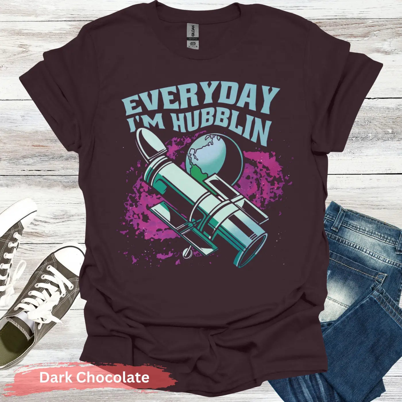 Everyday I’m Hubblin Astronaut T-shirt - S / Dark Chocolate - Physical Item