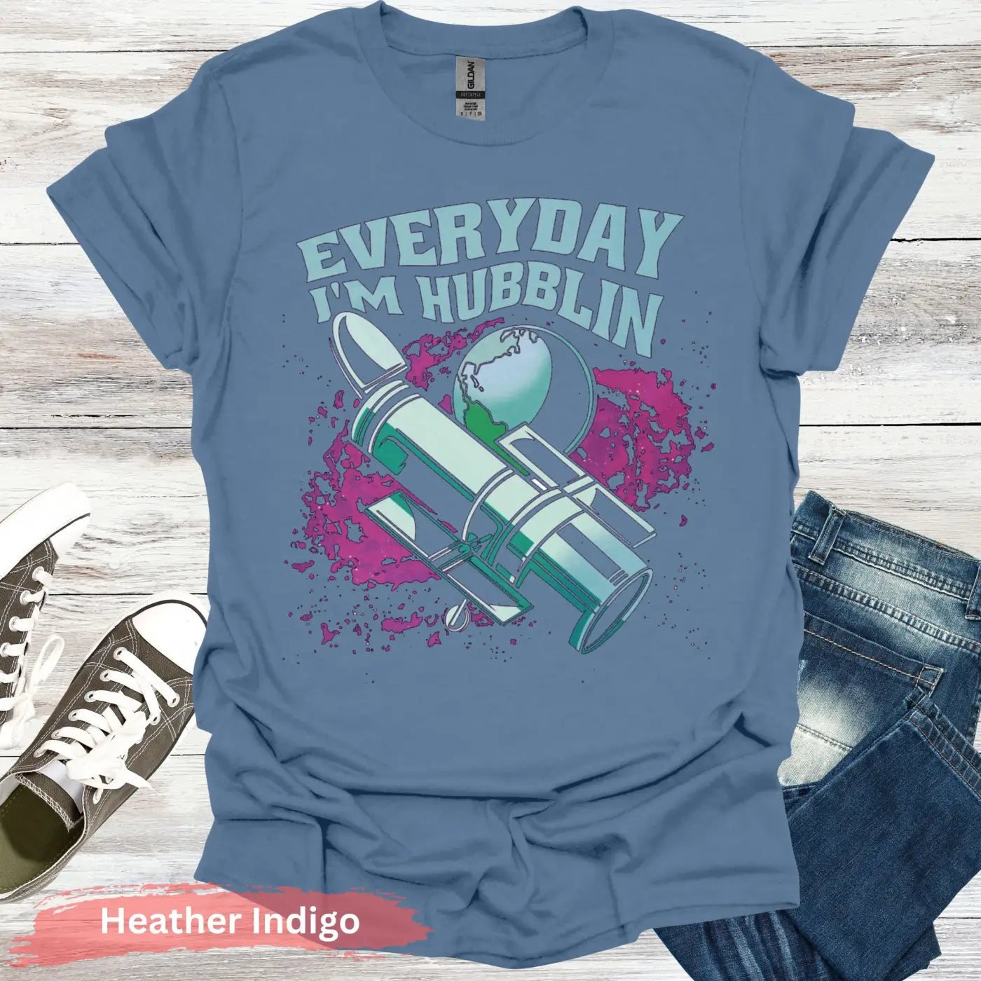 Everyday I’m Hubblin Astronaut T-shirt - S / Heather Indigo - Physical Item
